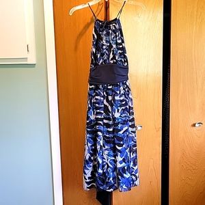 Dark navy with black pattern,halter style top cocktail dress.  MaxandCleo size 8